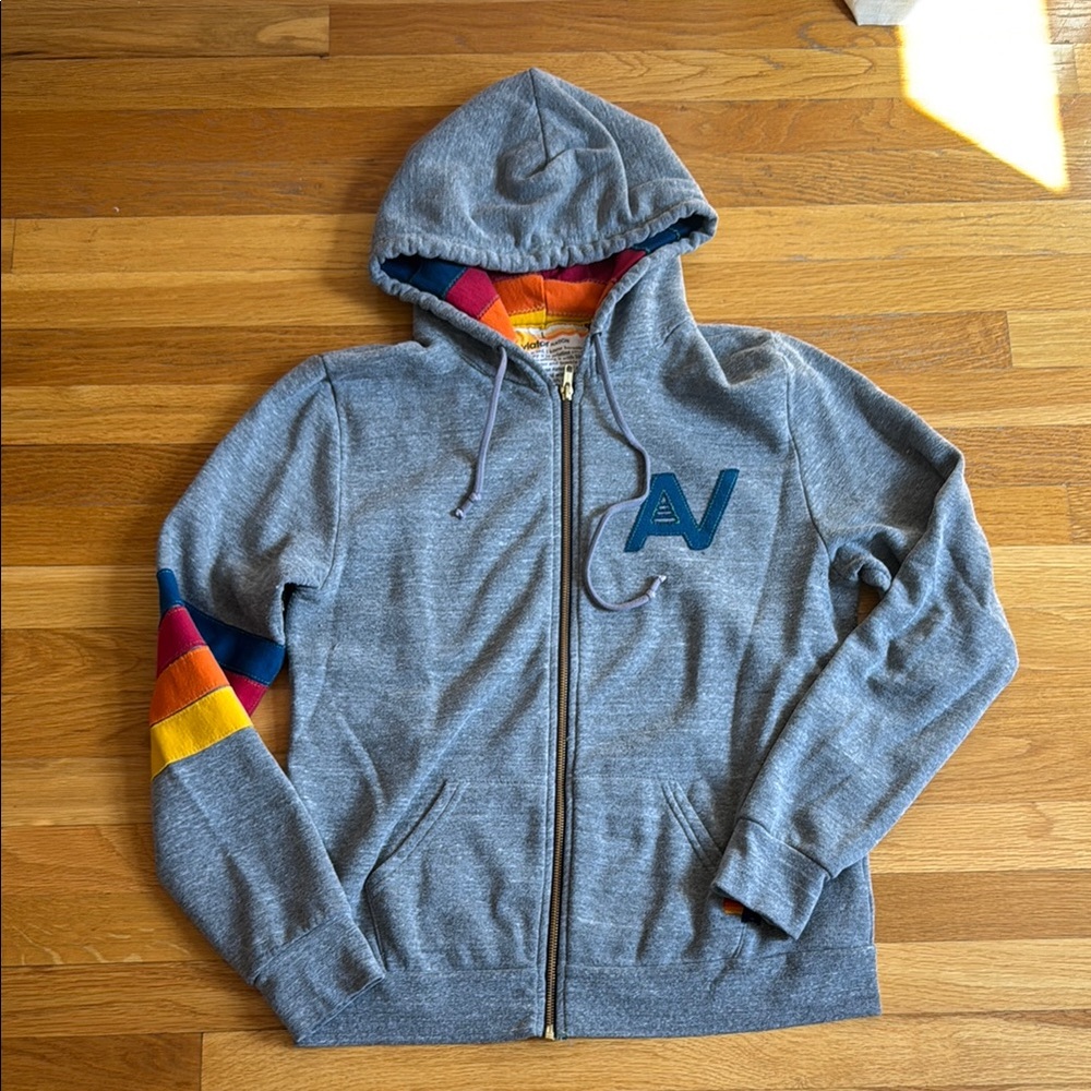 Aviator Nation Gray Zip Hoodie with Multicolor Stripe Accents
